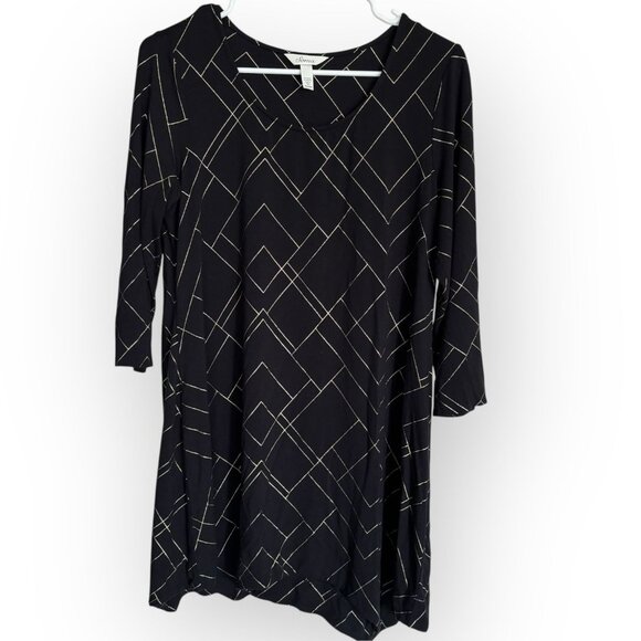 Soma Tunic Top Blouse Shirt Geometric Print Black Gold 3/4 Sleeve Scoop Neck M - Picture 1 of 7
